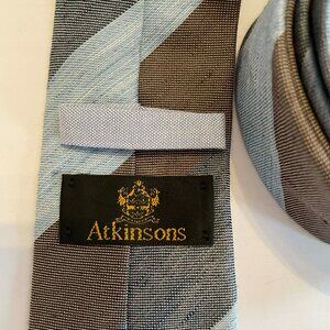Atkinsons Ireland Silk Linen Tie | Light Blue Tan Gray  Striped Designer Necktie